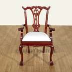 Solid Mahogany Cherry Finish Chippendale Cream Striped Dining Chairs 