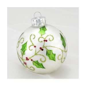   White Glass Ball with Holly Berry & Leaves Christmas Ornaments 3.25