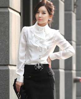 Korea OL Lady Stand Collar Ruffles Flounce Shrug Blouse Top Size XS S 