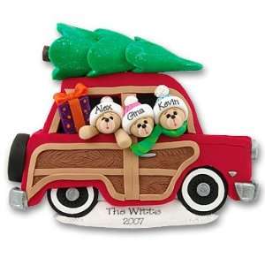 Personalized Family Ornament Belly Bear Family of 3 in Woody Wagon 