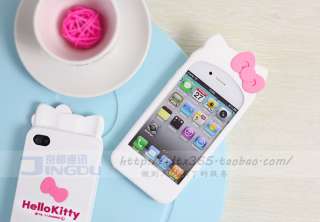 White Cute Hello Kitty Bowknot Soft Silicone 3D Case Cover For iPhone4 