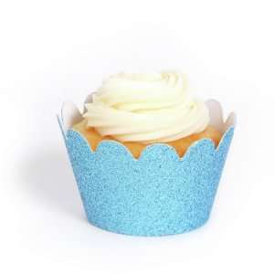  Mini Sky Blue Reusable Glitter Cupcake Wrappers, Set of 18   Blue 