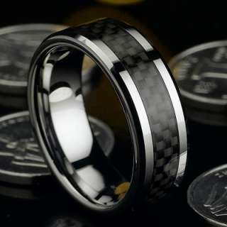 8mm Mens Black Carbon Fibre Tungsten Ring Wedding Band  