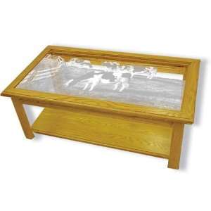  Etched Glass Cow Art in Solid Oak Rectangle Coffee Table 