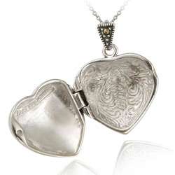 Sterling Silver Marcasite Heart Locket Necklace  