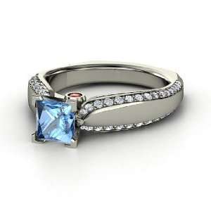  Aurora Ring, Princess Blue Topaz Platinum Ring with Red 