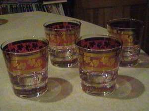 Cora Glass Red With Gold Grapes & Leaves Old Fashions Tumblers 8 oz 