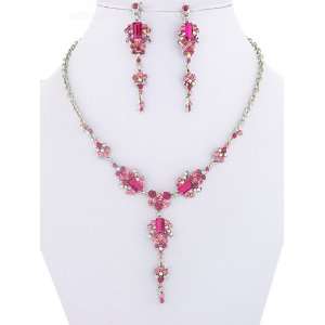 Fashion Jewelry ~ Fuschia Pink Gems Accented with Crystals Necklace 