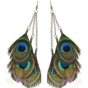 Three Tier Peacock Feather Eyes Earrings on a Chain Basketball Wives