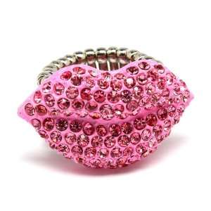    Designer Inspired Crystal Pink Kissable Lips Stretch Ring Jewelry