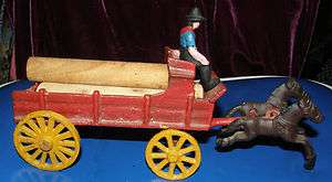 OLD CAST IRON LUMBER WAGON WITH HORSES & DRIVER.  
