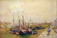Dutch Harbor Scene Watercolor Painting Turn Of Century  