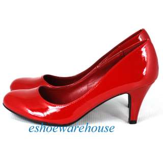 Round Toe Cutie Comfy Mid Heel Pumps Shoes Lipstick Red Patent  