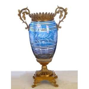 24% Lead Italian Blue Crystal Vase with Brass Accents  Hand cut 