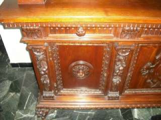 STAINED GLASS ANTIQUE WALNUT ITALIAN CARVED SIDEBOARD  