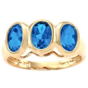 14K Yellow Gold Three Stone Oval Gemstone Ring Swiss Blue Topaz, size5 