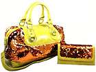 Designer Inspired Sequin 2 Way Purse Handbag Wallet SET Orange Yellow