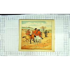   Colour Print Hunting Men Horses Scarecrow Farm Field