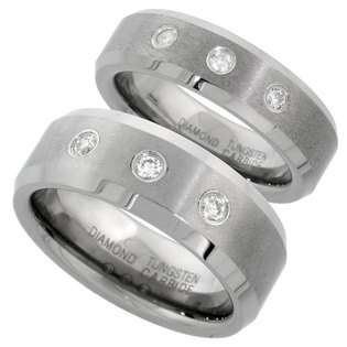 Sabrina Silver Tungsten 8mm His & 6 mm Hers 3 Stone Comfort Fit 