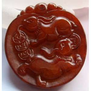  Red Jade Two Lucky Rabbits Coins Amulet Pendant 