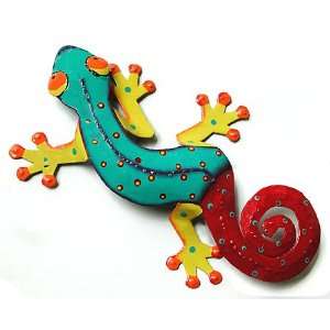  Turquoise & Red Gecko   Haitian Steel Drum Art   Painted 