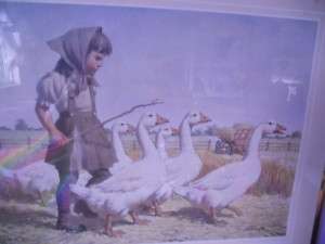 Art Sarnoff Print new pastures girl with geese/ducks  