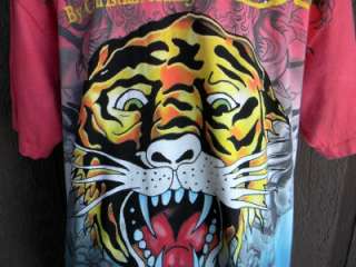 Ed Hardy Mens Sz L Red Blue Tiger Skull Rhinestone T Shirt Christian 