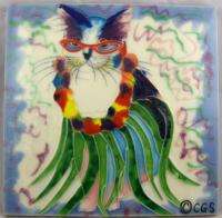   Sanchez Hula Cat Decorative Hand Painted Cat Art Tile   BIG   8 X 8
