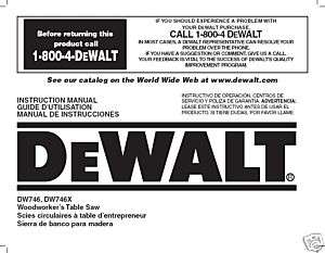 Dewalt Table Saw Instruction Manual Model #DW746 DW746X  