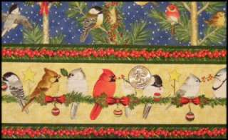 Christmas Cardinals Birds Birdhouses Striped Fabric  