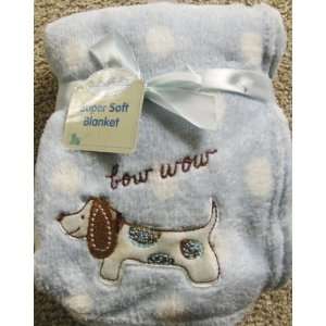   Bow Wow Soft Plush Baby blanket blue with white dots and Dog Applique