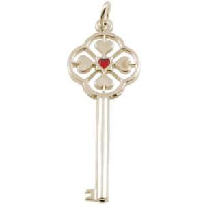   Large 4 Heart Red Center Key Charm with Lobster Clasp, 10K Yellow Gold