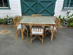 Vintage Handpainted Rattan Patio Set Table and 4 Chairs  