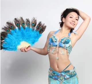 Hot New Belly Dance Peacock Feather Fan 10 colours light blue