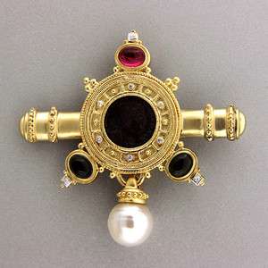   GOLD BYZANTINE ANCIENT COIN PINK GREEN TOURMALINE SOUTH SEA PEARL PIN