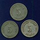 GERMANY EMPIRE 1875 F, 1876 J, 1905 A 5 PFENNIG COINS