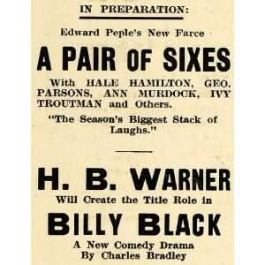 1914 Ad H. B. Warner Billy Black Edward Peple Parsons   Original Print 