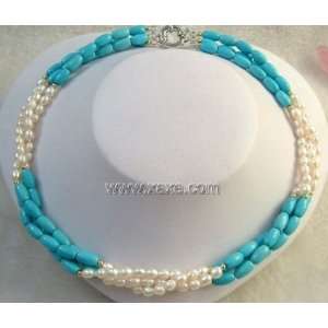   Real White Freshwater Pearl & Blue Turquoise Necklace 