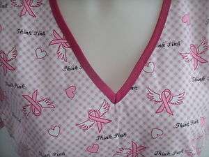   XL 2XL BREAST CANCER PINK RIBBONS ANGEL WINGS SCRUB TOP  