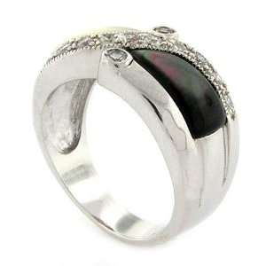 Large Cocktail Ring w/Black & White Mother of Pearl & White CZs Size 5