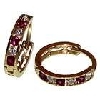 14k yellow gold 1/2 inch round white and ruby color CZ hoop earrings