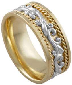 14K Two Tone Gold Hand Carved Paisley Wedding Band Ring  