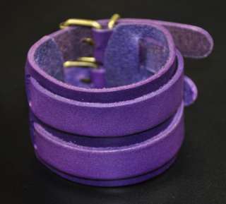   Mens Double Layers Wide Leather Bracelet Wristband Cuff Purple  
