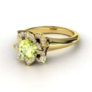  Lotus Ring, Round Peridot 18K Yellow Gold Ring with 