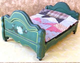 Antique DOLL BED,Cottage PinePainted Flowers & QUILT  