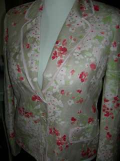   Pink Floral Print Linen Rayon Blazer Career Jacket 10 M NICE  