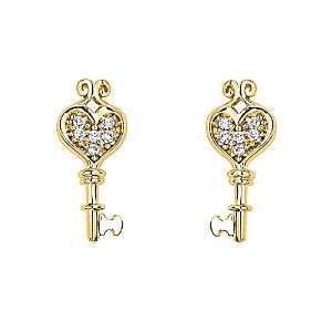 14K Yellow Gold Plated Heart Key CZ Stud Earrings with Screw back for 