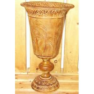   Carved Brown/Gold Metal Vase with Palm Tree Design