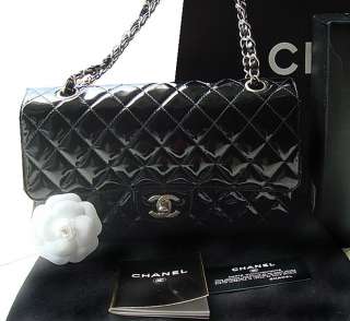 AUTHENTIC CHANEL Classic Coco Black Patent 2.55 Double Flap Bag Purse 