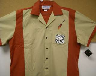 Tan/Rust 2 tone retrobowler shirt FLAMING DART over pocket Rt 66 logo 